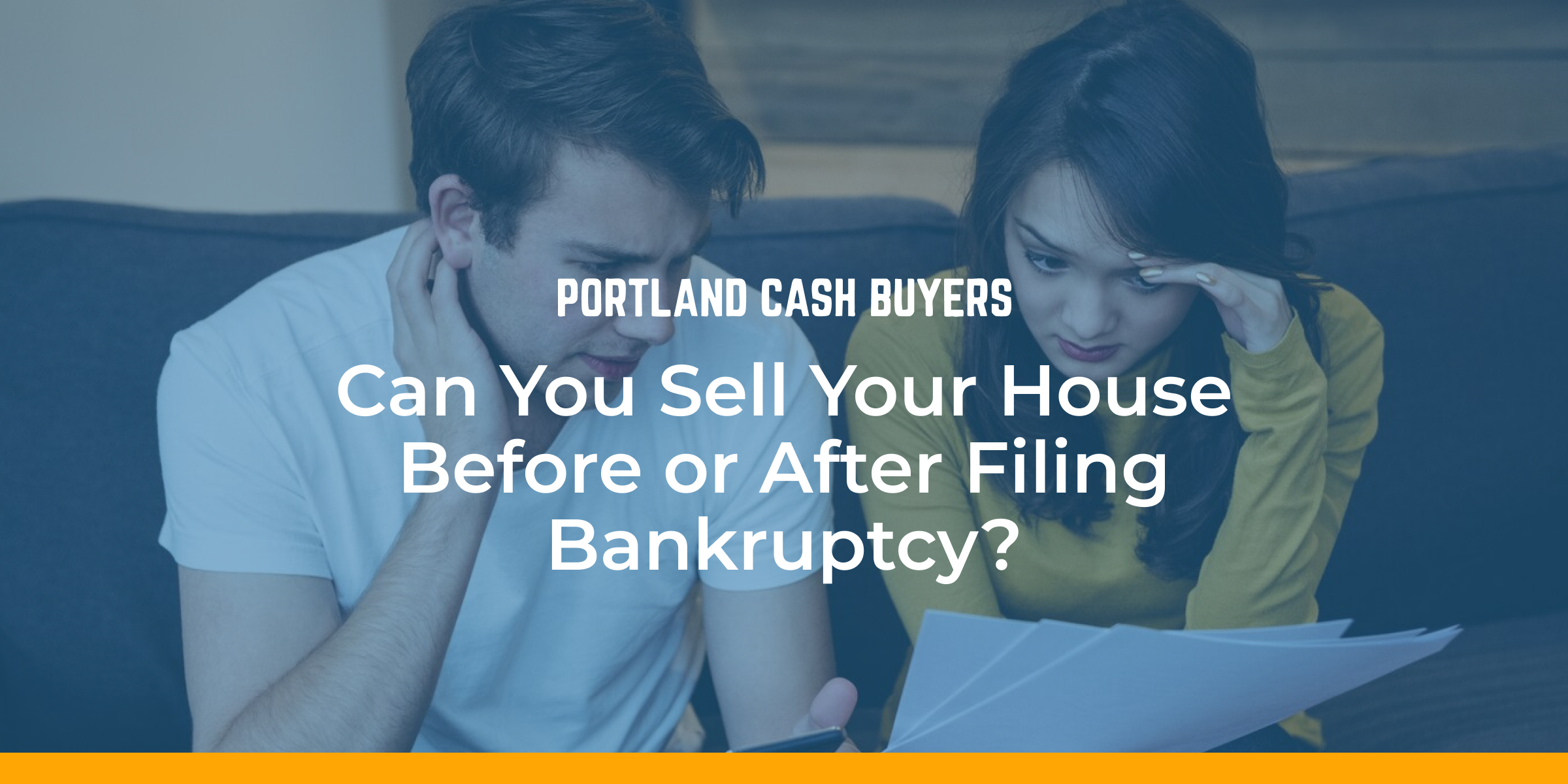 Featured image showing a stressed couple reviewing documents, explaining can I sell my house before filing bankruptcy and what options homeowners have before or after filing