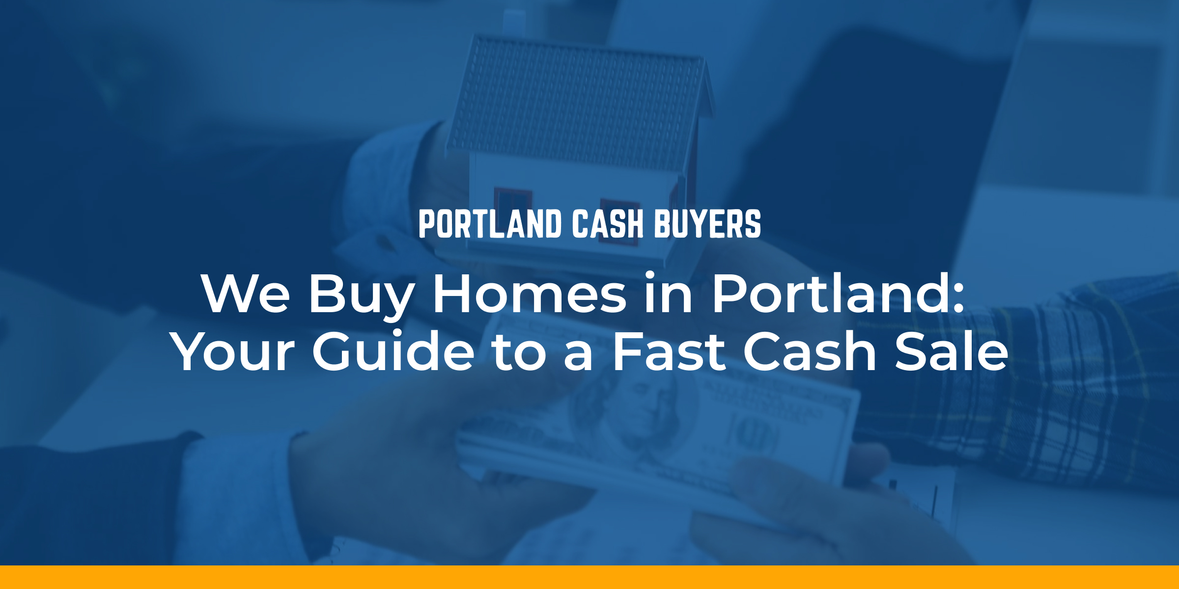 Blue-toned graphic showing a home and cash exchange explaining how we buy homes Portland sellers can use for a fast, simple cash sale.