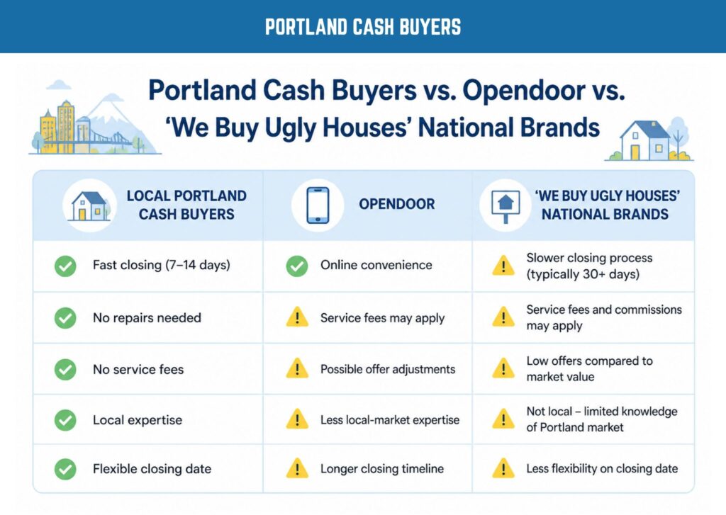 Cash home buyers Portland comparison chart showing local buyers versus Opendoor and national home buying companies.