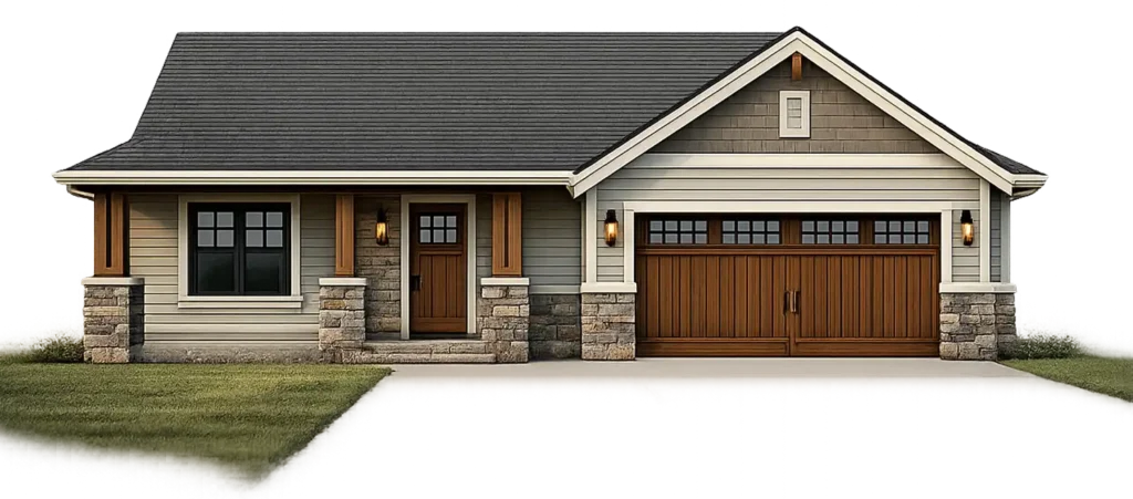 Single-story house with a stone and wood exterior, featuring a front porch and a large garage, representing homes in the Portland area for cash buyers.