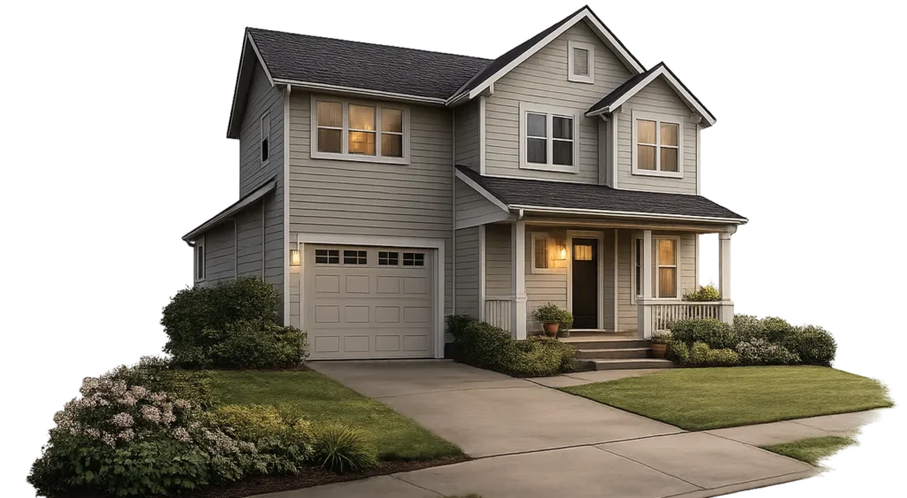 Modern two-story house with a welcoming porch, well-maintained lawn, and landscaped garden, representing properties for quick cash offers by Portland Cash Buyers.