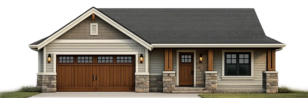 Modern single-family home exterior with a welcoming entrance, featuring stone accents, wooden garage doors, and landscaped front yard, symbolizing hassle-free home selling with Portland Cash Buyers.