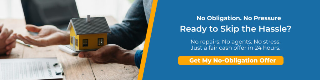 Hands exchanging a small model house over a document on a wooden table, with text promoting a hassle-free cash home sale process in Portland, emphasizing no repairs or agents needed.