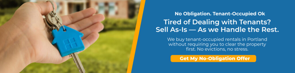 Hand holding keys with a blue house keychain, promoting tenant-occupied property sales and stress-free cash offers from Portland Cash Buyers.