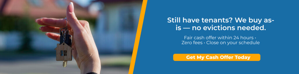 Hand holding house-shaped keychain with keys, promoting cash offers for homes with tenants, emphasizing no evictions needed, aligned with Portland Cash Buyers' services for landlords.