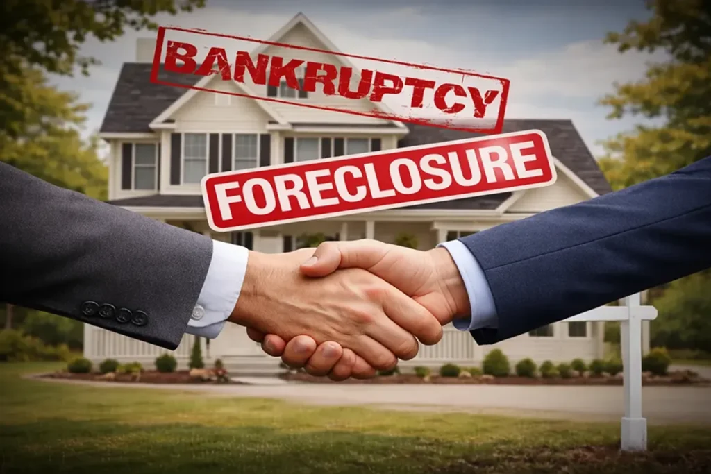 Handshake symbolizing agreement to sell a home, with "Bankruptcy" and "Foreclosure" text overlays, against a backdrop of a house, representing options for homeowners in Oregon facing financial challenges.