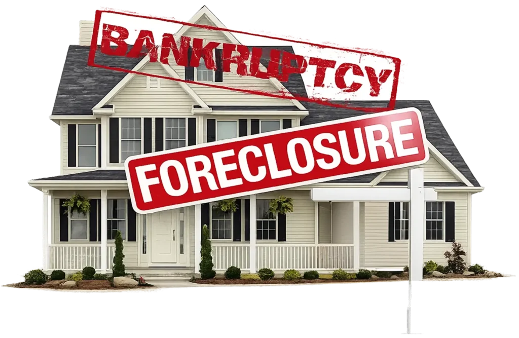 House with "BANKRUPTCY" and "FORECLOSURE" signs, symbolizing financial distress and options for homeowners in Oregon facing foreclosure during bankruptcy.
