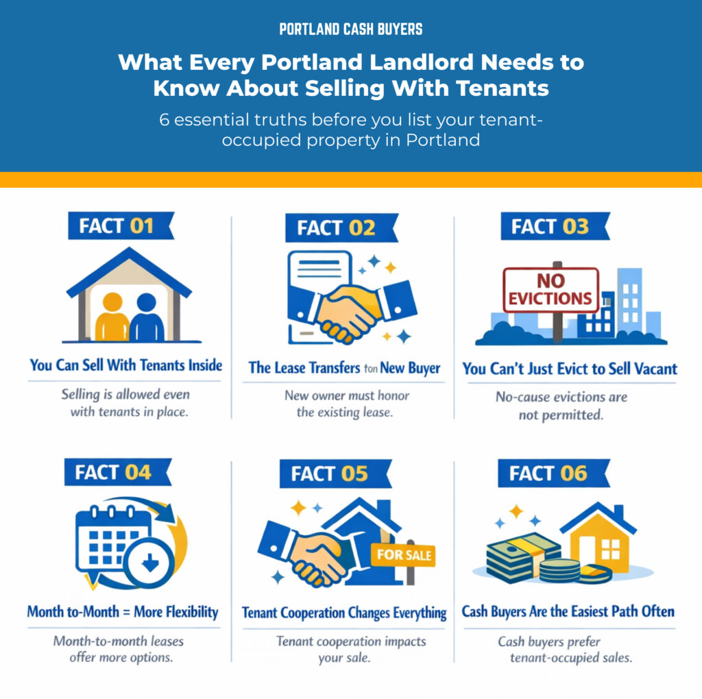 Infographic titled "What Every Portland Landlord Needs to Know About Selling With Tenants," featuring six facts on selling tenant-occupied properties, emphasizing tenant rights, lease transfer, eviction rules, lease flexibility, tenant cooperation, and the advantages of cash buyers.