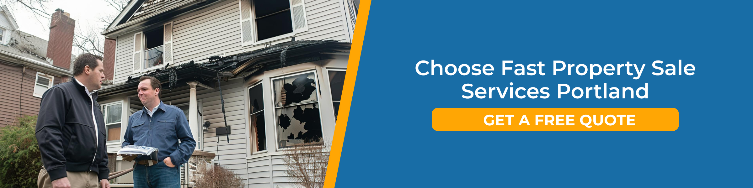Sell a fire-damaged house Portland CTA image with homeowners and agent discussing property and quick sale options