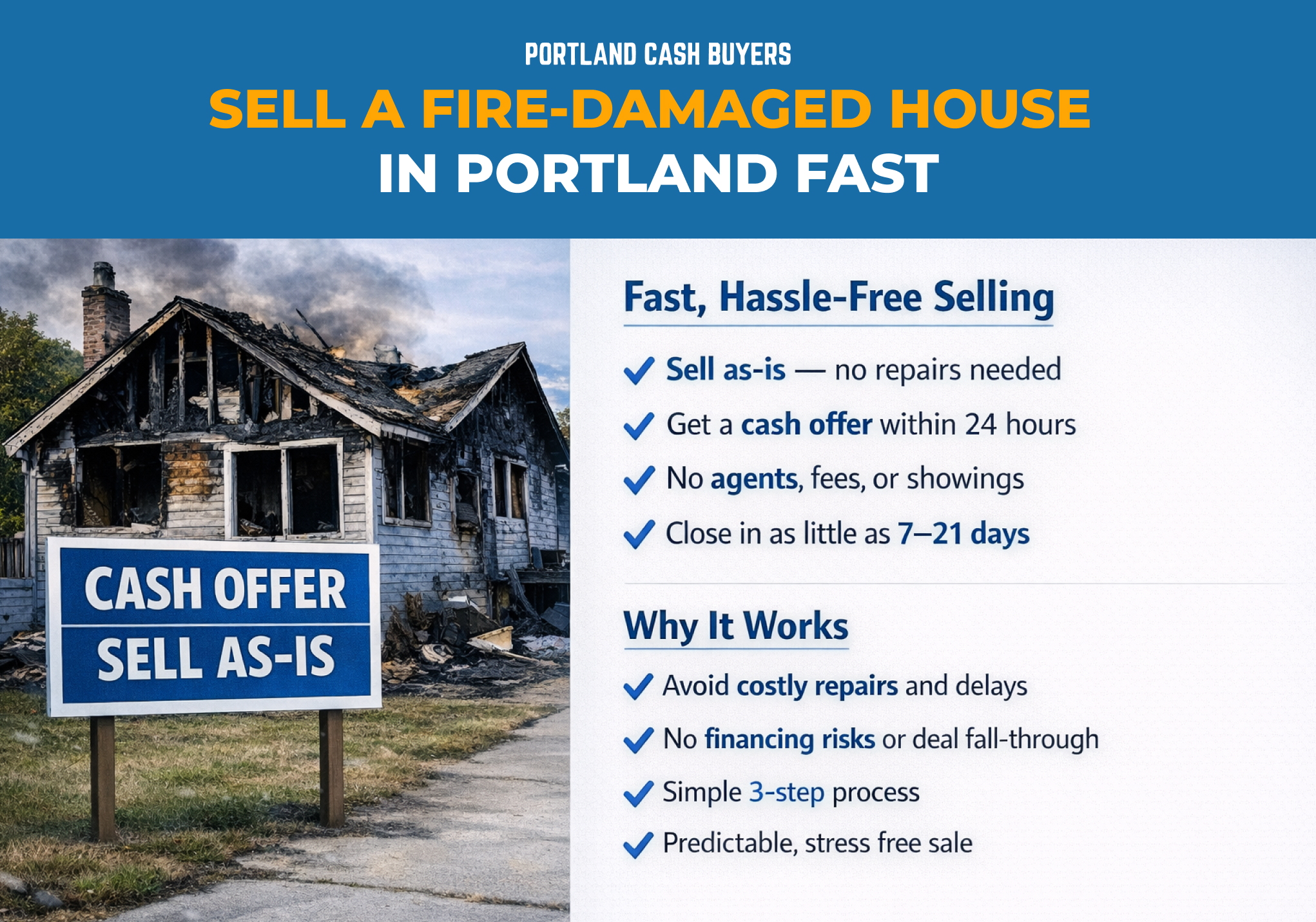 Sell a fire-damaged house Portland graphic showing burned home and benefits of selling as-is with fast cash offer