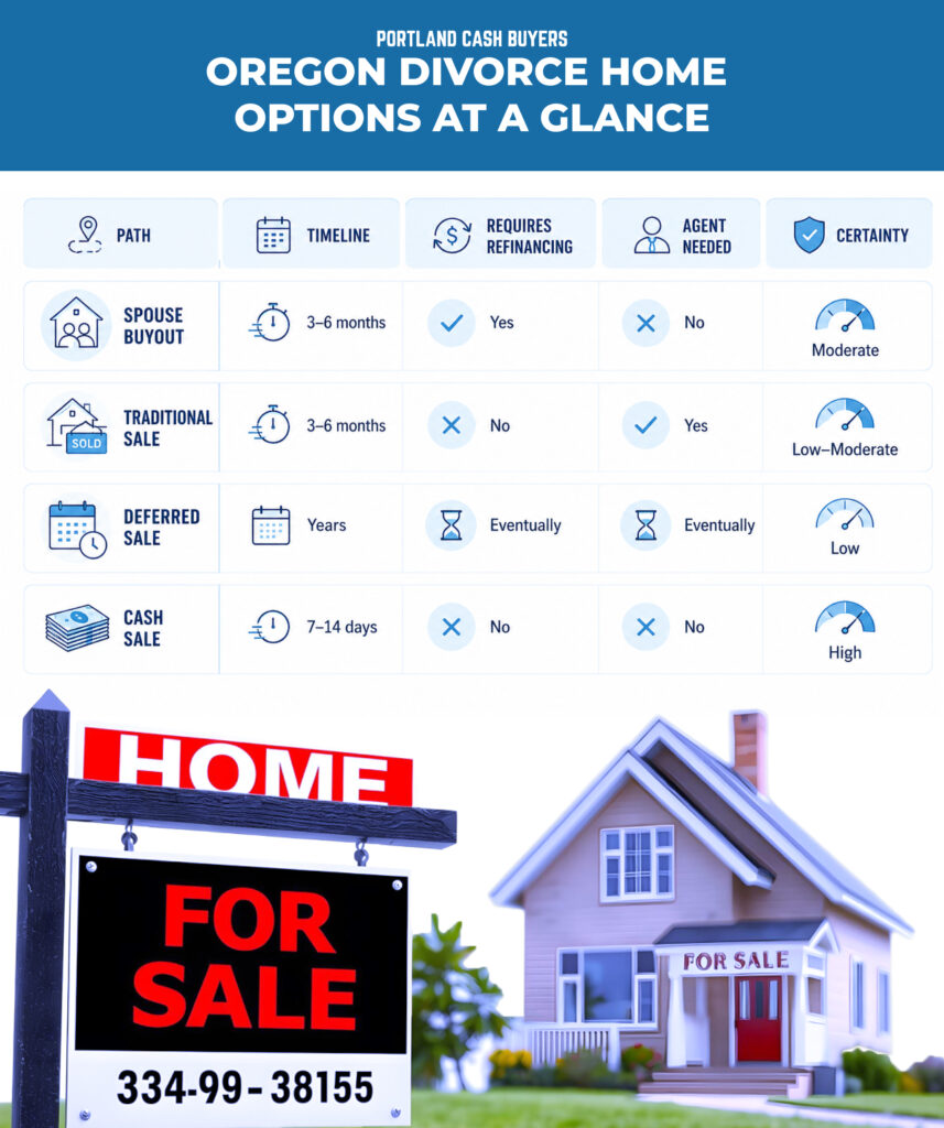 What happens to house in divorce Oregon infographic showing buyout, sale, deferred and cash sale options with timelines and outcomes