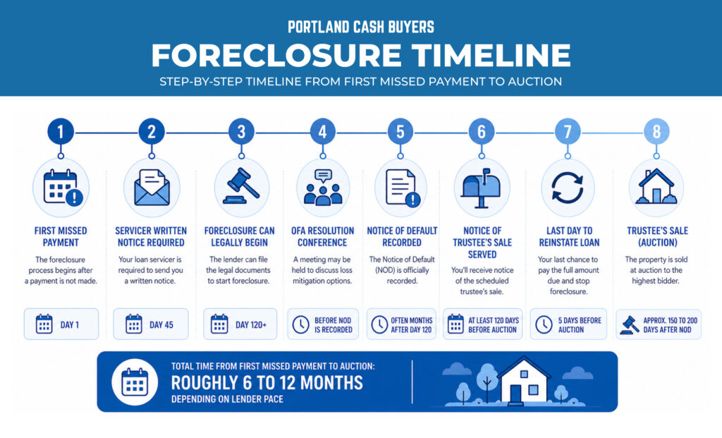 Infographic detailing foreclosure timeline Oregon from missed payments to auction with key steps, notices, and legal process stages