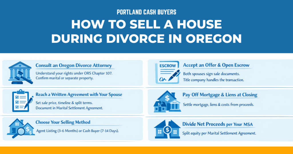 Infographic showing steps for How to sell house during divorce Oregon including legal advice, escrow, pricing, and proceeds split