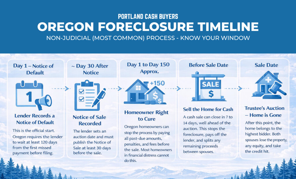 Infographic showing Oregon foreclosure timeline steps and process with cash sale option to avoid foreclosure in Portland