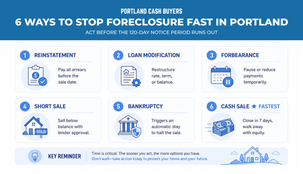 How to stop foreclosure fast Portland infographic showing six options like loan modification, forbearance, and cash sale solutions