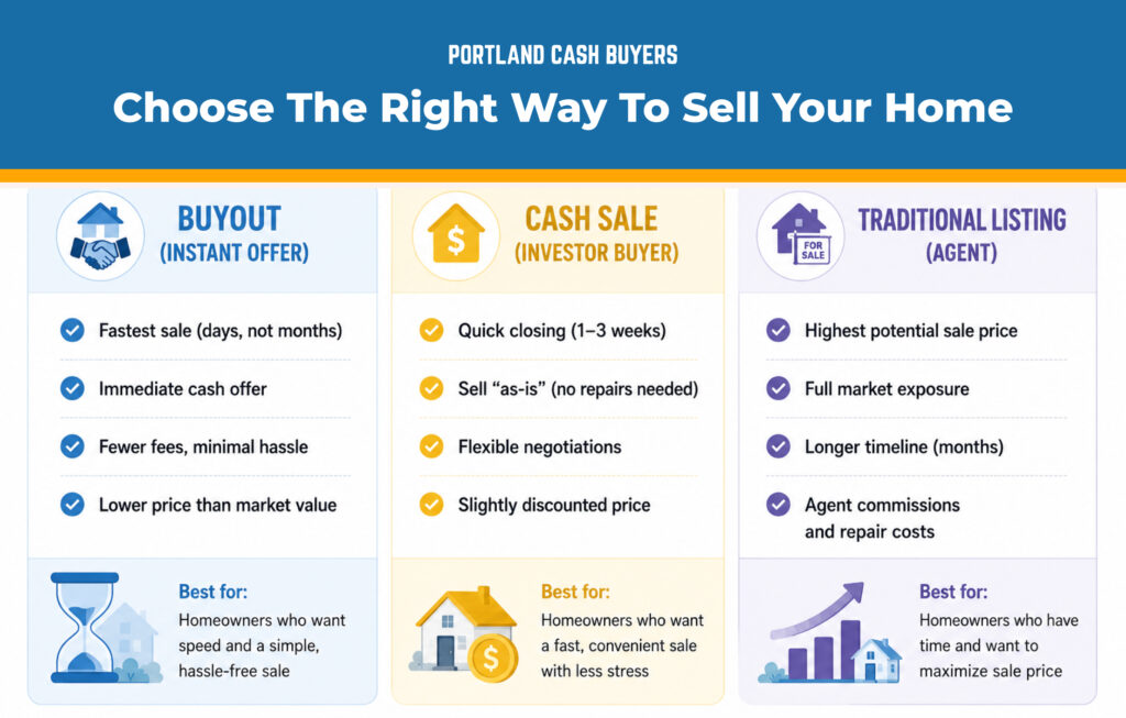 Comparison chart for Divorce home buyout vs cash sale Portland and traditional home selling options.