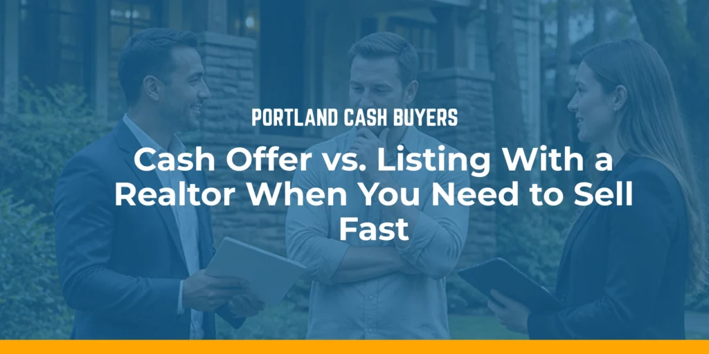 Homeowner talking with two real estate professionals, comparing options for cash offer vs realtor selling fast to sell a home quickly.