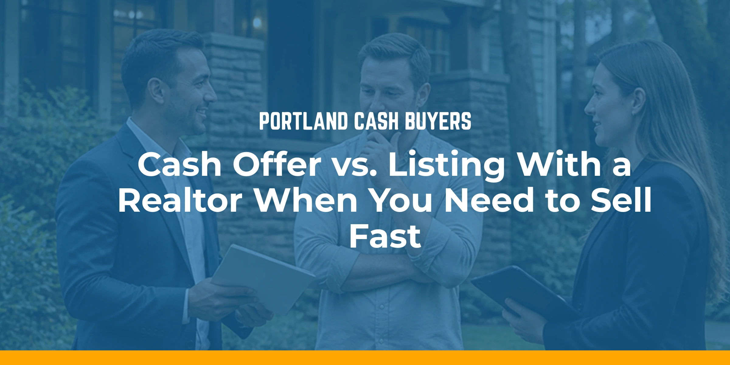Homeowner talking with two real estate professionals, comparing options for cash offer vs realtor selling fast to sell a home quickly.