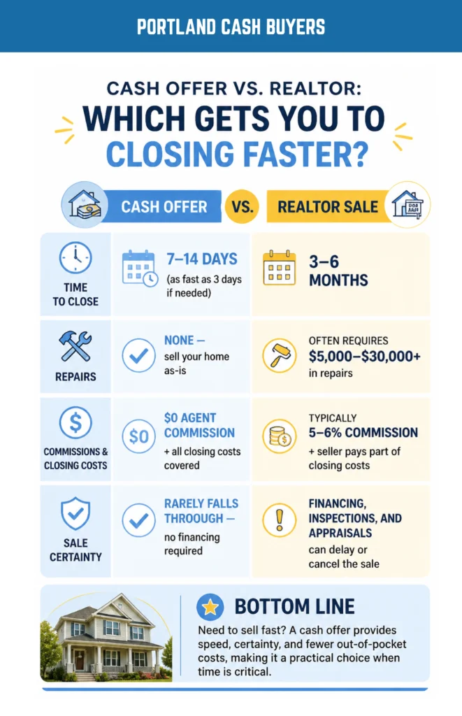 Infographic comparing cash offer vs realtor selling fast, showing closing time, repairs, commissions, and sale certainty.