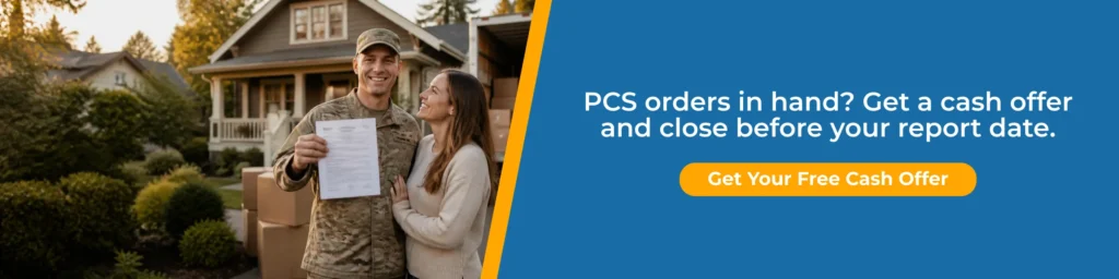 Military family with PCS orders during military PCS selling house process, promoting a fast cash offer before relocation.