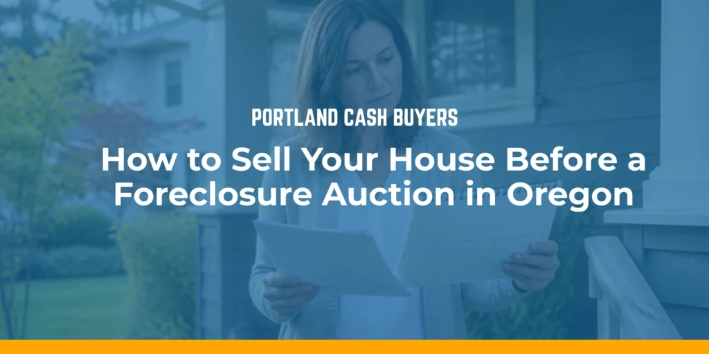 Homeowner reviewing foreclosure documents outside a house to sell house before foreclosure auction Oregon and avoid losing home.