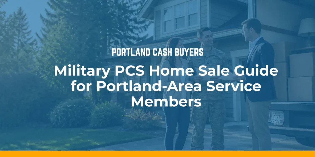Military family meeting a home buyer during military PCS selling house process outside a Portland-area home.