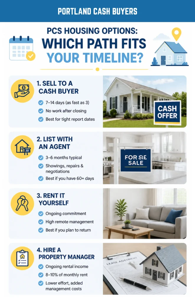 Infographic comparing military PCS selling house options including cash buyers, agents, renting, and property management.