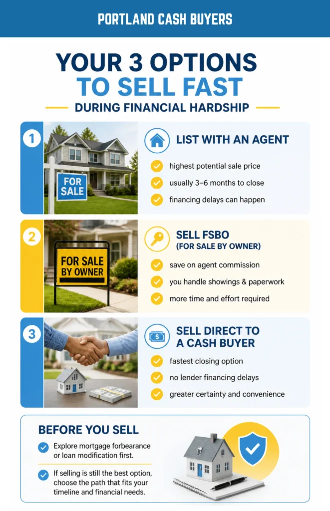 Infographic showing sell house fast financial hardship options including agent, FSBO, and cash buyer solutions.