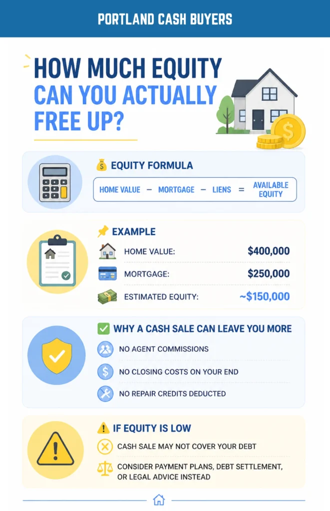 Infographic explaining how to sell house to pay medical bills by estimating home equity and cash sale proceeds.