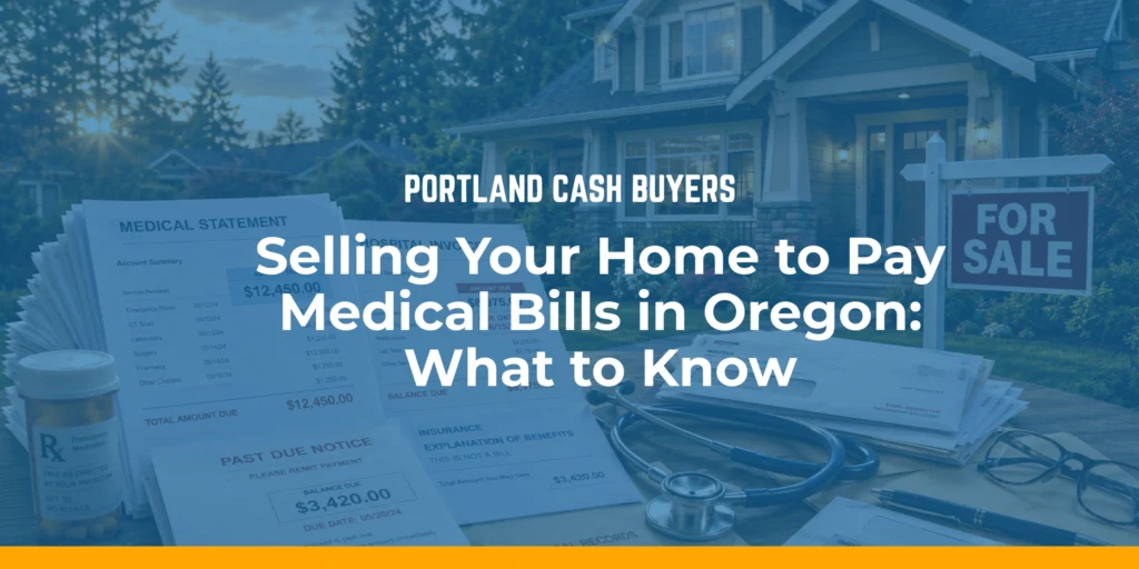 Medical bills and a home for sale illustrating how to sell house to pay medical bills quickly in Oregon.