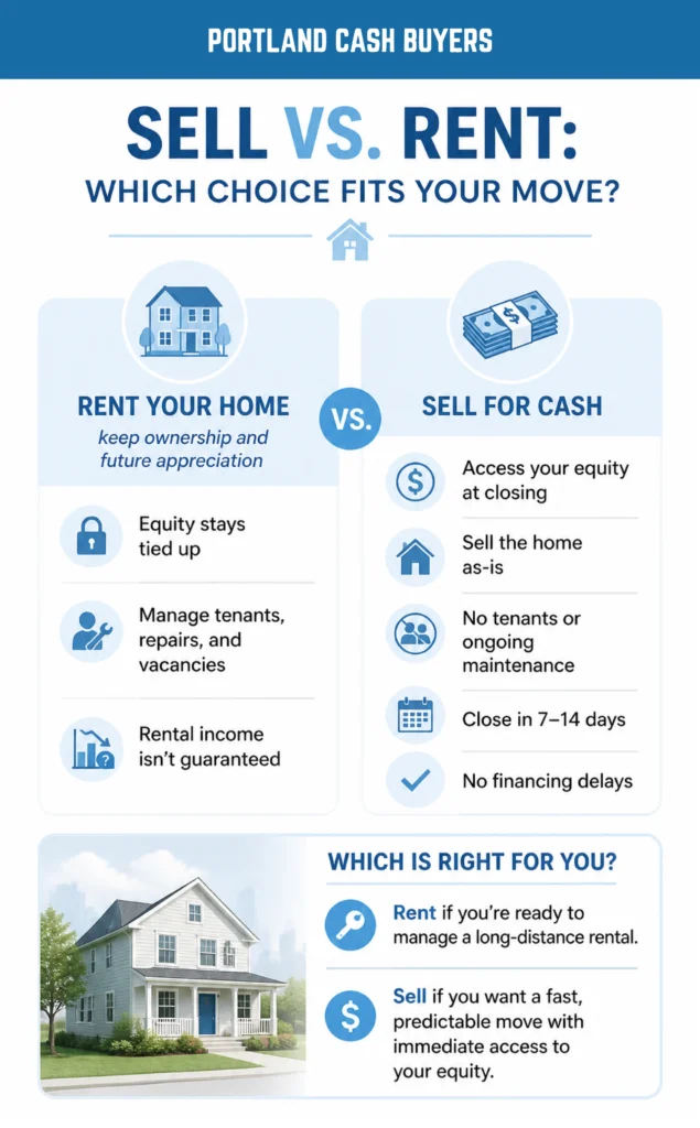 Infographic comparing selling and renting, helping homeowners decide whether to sell or rent my house when relocating.