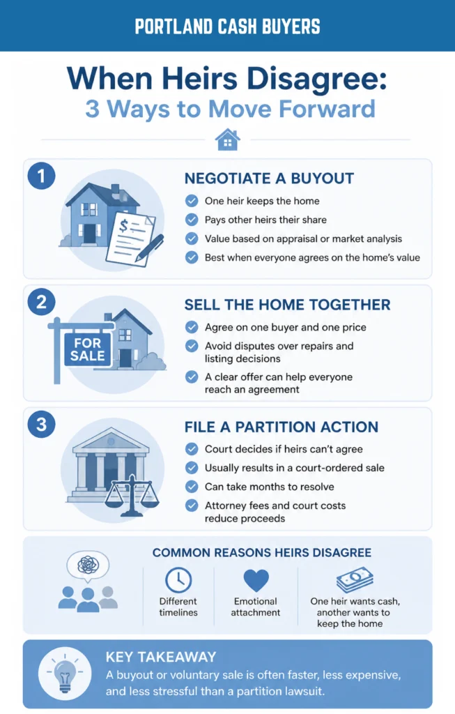 Infographic explaining selling inherited house multiple heirs with buyout, joint sale, and partition action options.