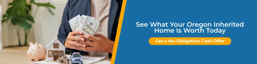 Person holding cash beside a model home promoting selling inherited house multiple heirs with a no-obligation cash offer.