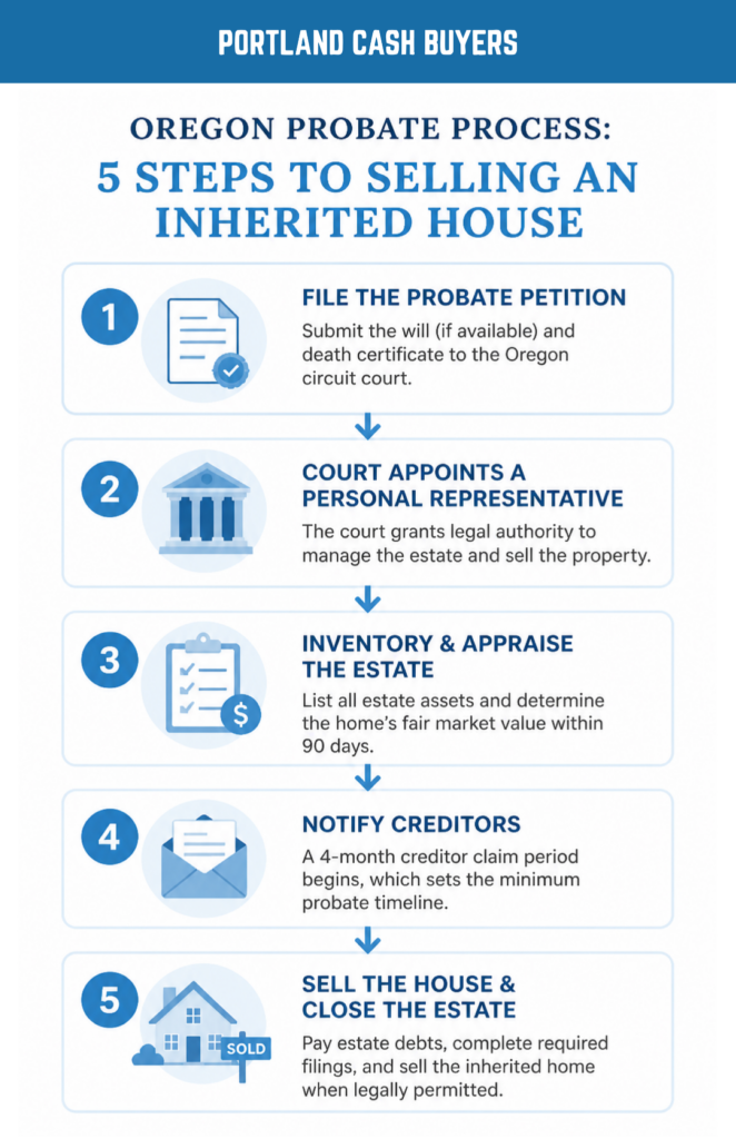 Oregon Probate Process: 5 Steps to Sell an Inherited House Infographic outlining the Oregon probate process in five steps for selling an inherited home, Oregon probate house sale.