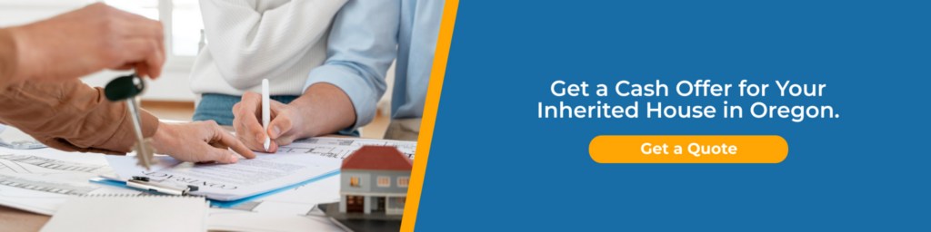 Get a Cash Offer for Your Inherited Oregon House People signing property documents with house keys and a cash offer message for an inherited home, Oregon probate house sale.