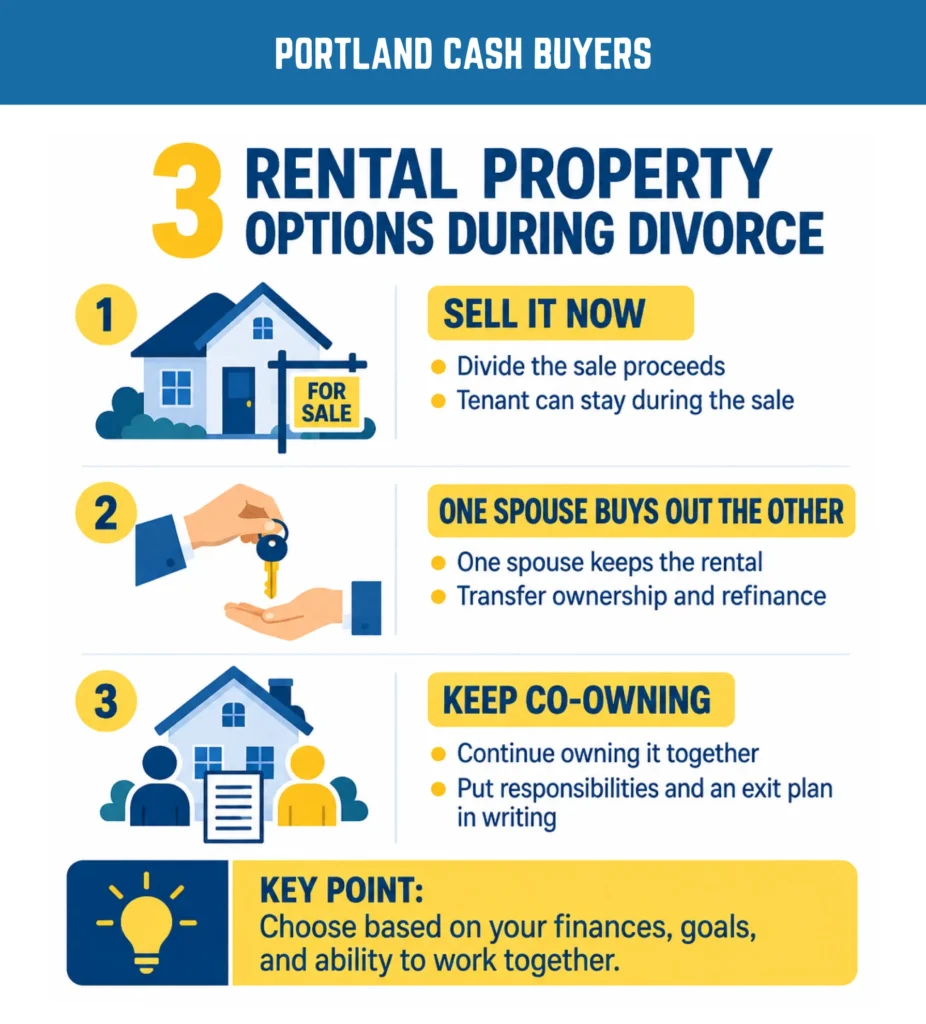 Three rental property options during divorce: sell, buyout, or co-own the property with an exit plan.