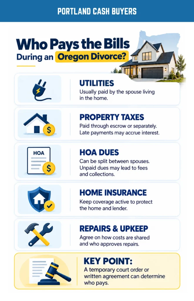 Infographic about who pays the mortgage during a divorce Oregon, covering taxes, insurance, HOA dues, and repairs.