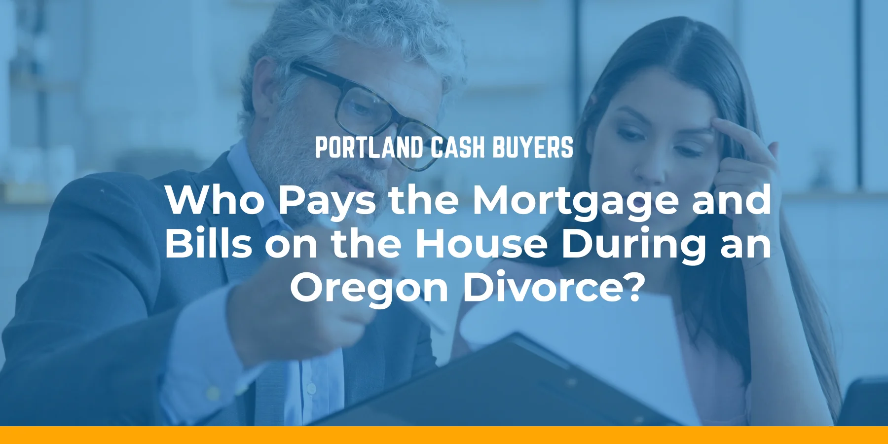 Couple reviewing finances and discussing who pays the mortgage during a divorce Oregon with a legal advisor.