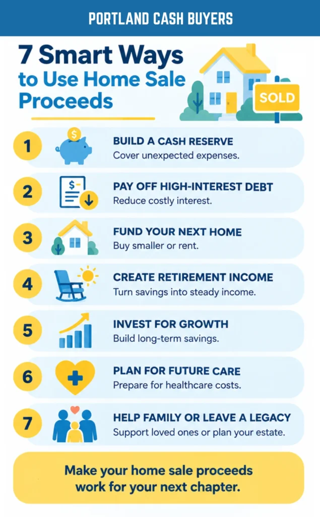 Infographic showing what to do with home sale proceeds in retirement, including saving, investing, paying debt, and planning for care.