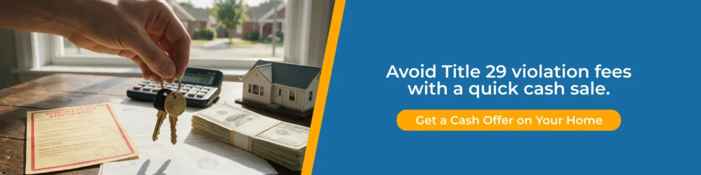 Hand holding house keys over cash and code notice to avoid Title 29 violation fees with a cash offer.