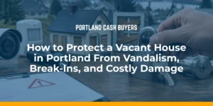 Security camera, padlock, and warning report illustrating how to protect a vacant house in Portland from vandalism and break-ins.