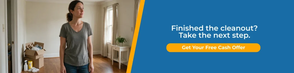 Clean out inherited house and prepare for sale with a cash offer. A woman stands in a cleared room beside boxes and cleaning supplies.