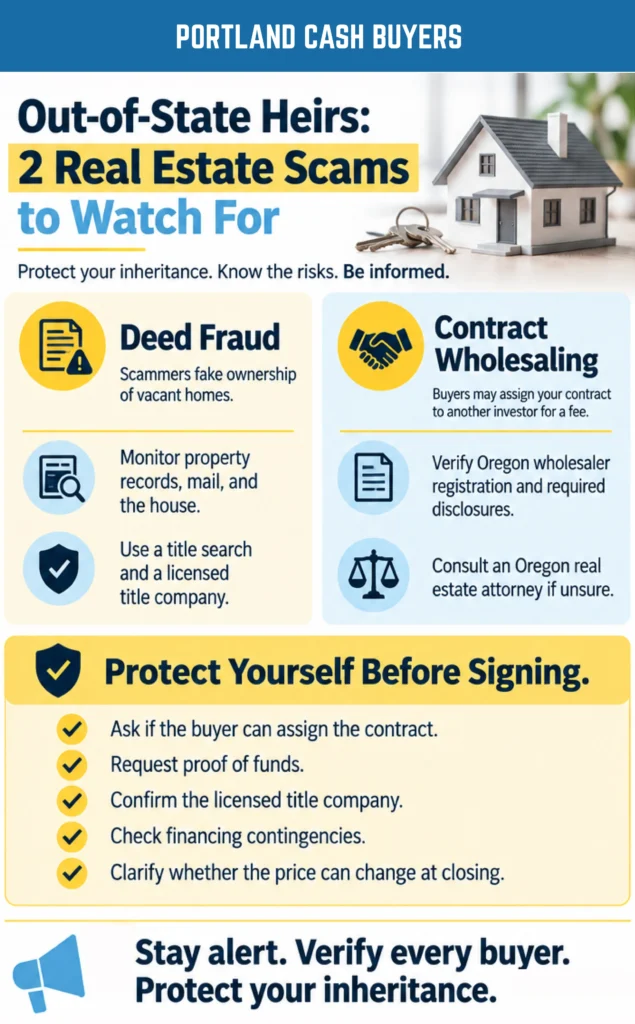 Infographic on selling inherited house out of state, highlighting deed fraud, contract wholesaling, and tips to protect your inheritance.