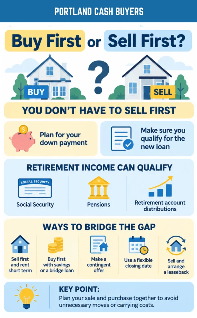 Infographic comparing whether to sell house before or after retirement, with financing options, retirement income, and flexible selling strategies.