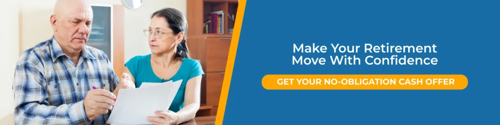 Older couple reviews paperwork while planning to sell house before or after retirement and exploring a no-obligation cash offer.