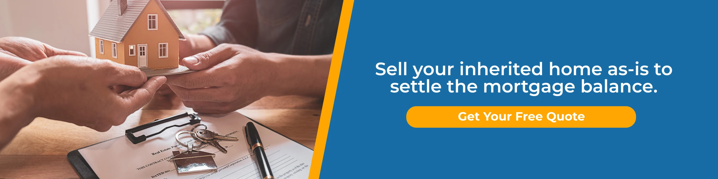 Hands passing a model home over real estate contract documents illustrating options for selling an inherited house with mortgage debt.