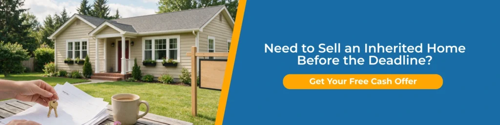 Inherited house with reverse mortgage featured in a cash offer banner, showing a home, keys, and sale documents.