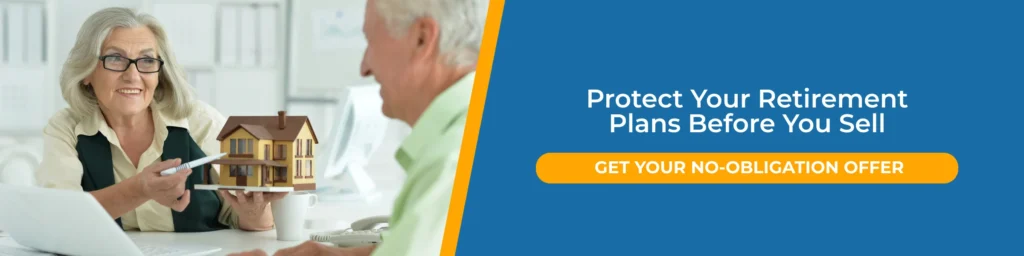 selling house in retirement taxes guide showing a senior couple discussing a home sale with a real estate advisor.