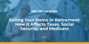 Selling house in retirement taxes explained with an older couple standing outside a home while considering retirement finances.