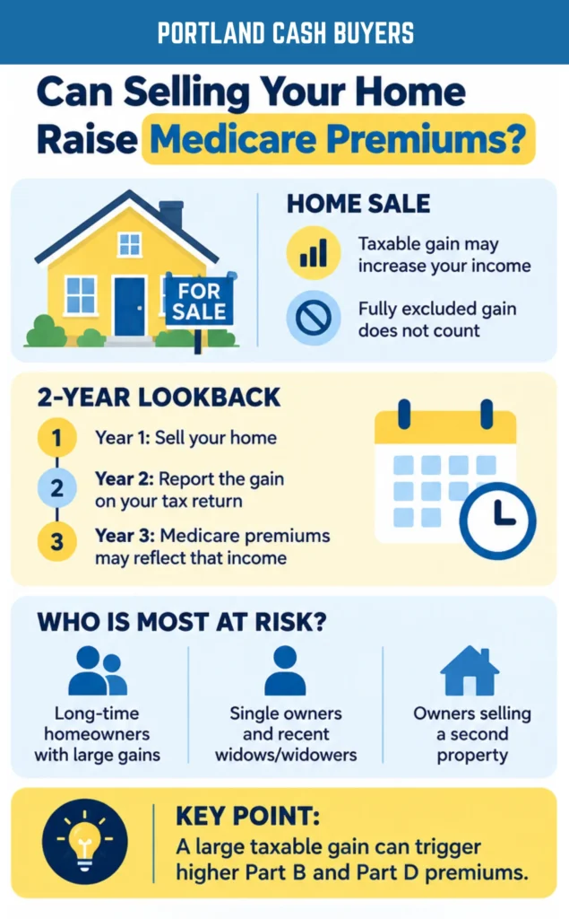 Selling house in retirement taxes infographic showing how home sale gains may raise Medicare premiums after a two-year lookback.
